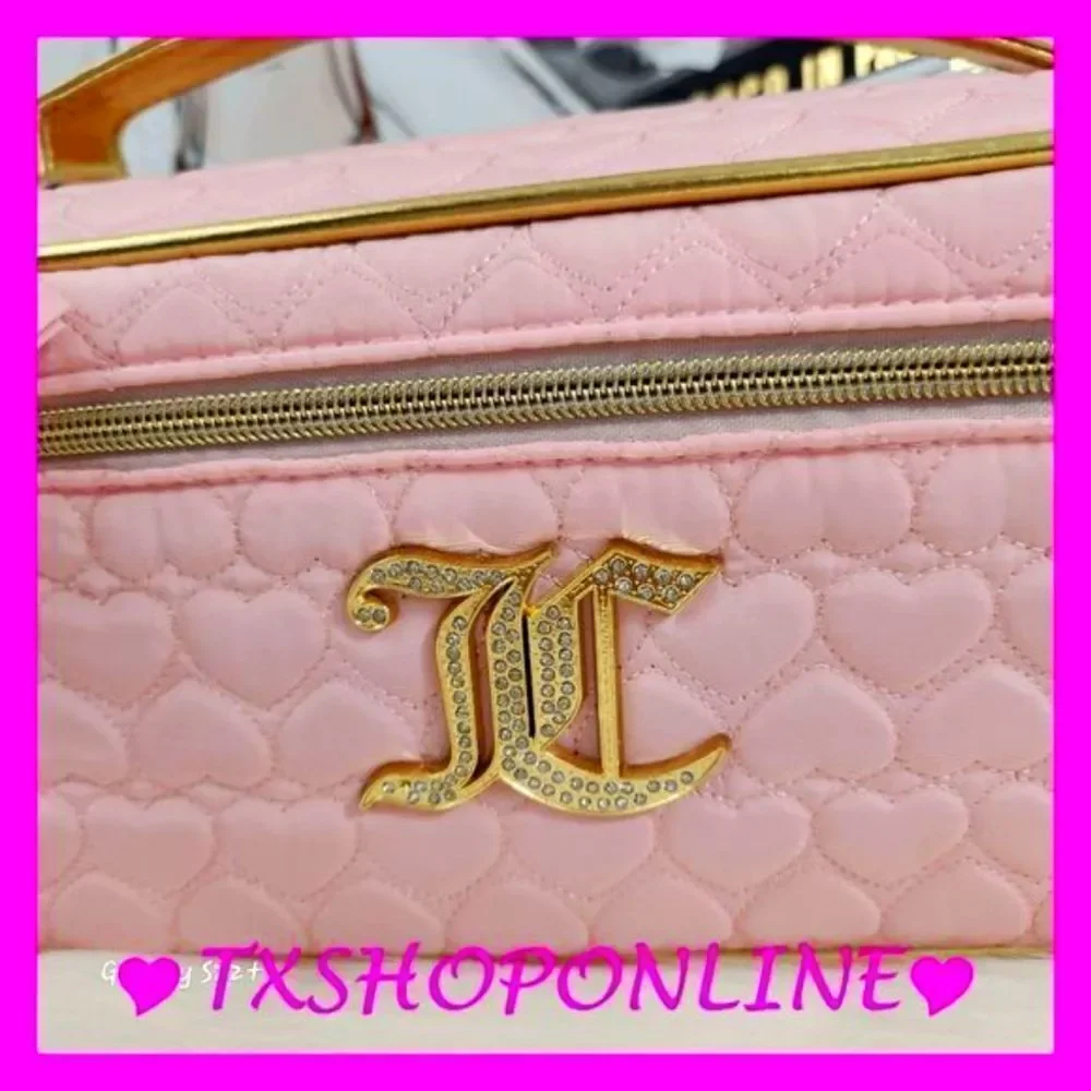 {Juicy Couture} Pink Quilted Hearts Train Case | Bling Cosmetic Bag |